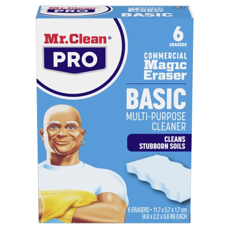 Front-right closeup of Mr. Clean PRO Magic Eraser 6-count retail box showing logo, product name and Mr. Clean mascot