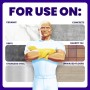 Mr. Clean illustration with examples of surfaces the Magic Eraser can be used on (ceramic, concrete, vinyl, quarry tile, stai