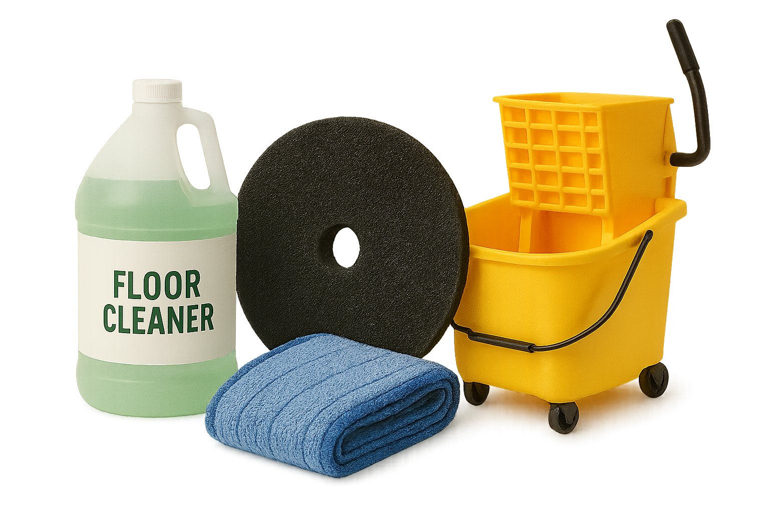 Floor care chemicals, pads, mops and buckets