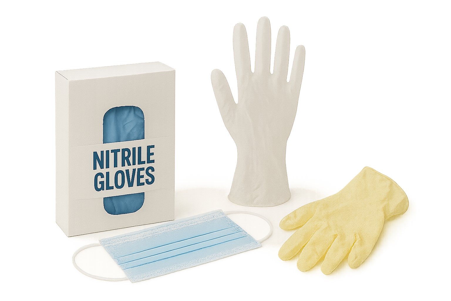 Nitrile, vinyl and latex gloves and PPE