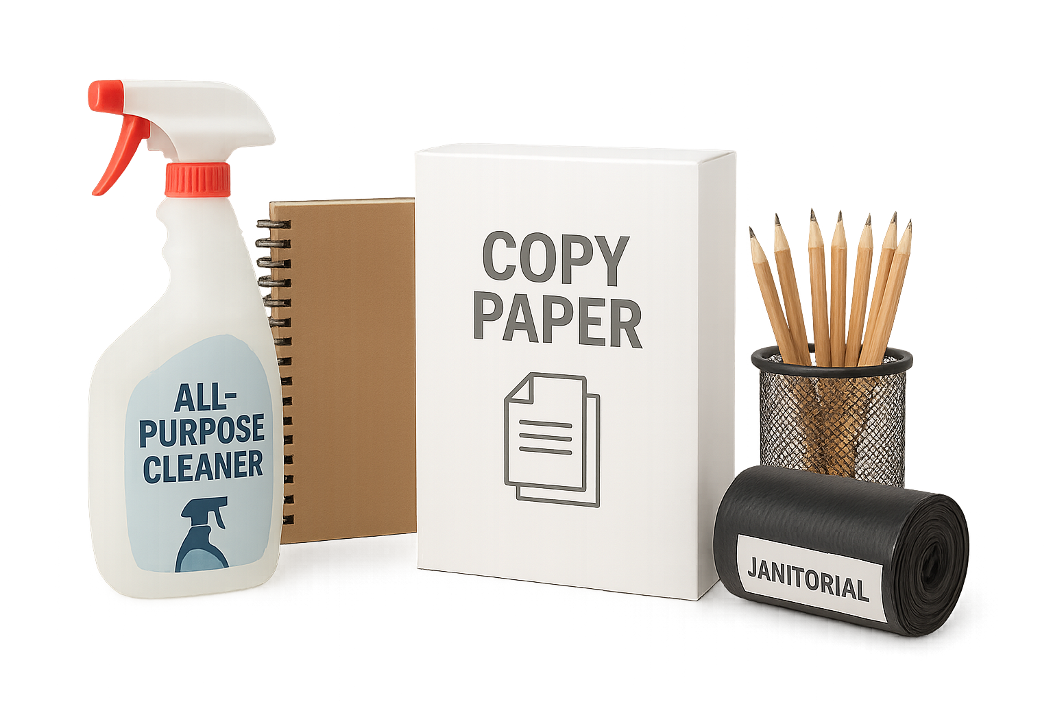 Office janitorial, copy paper and desk essentials