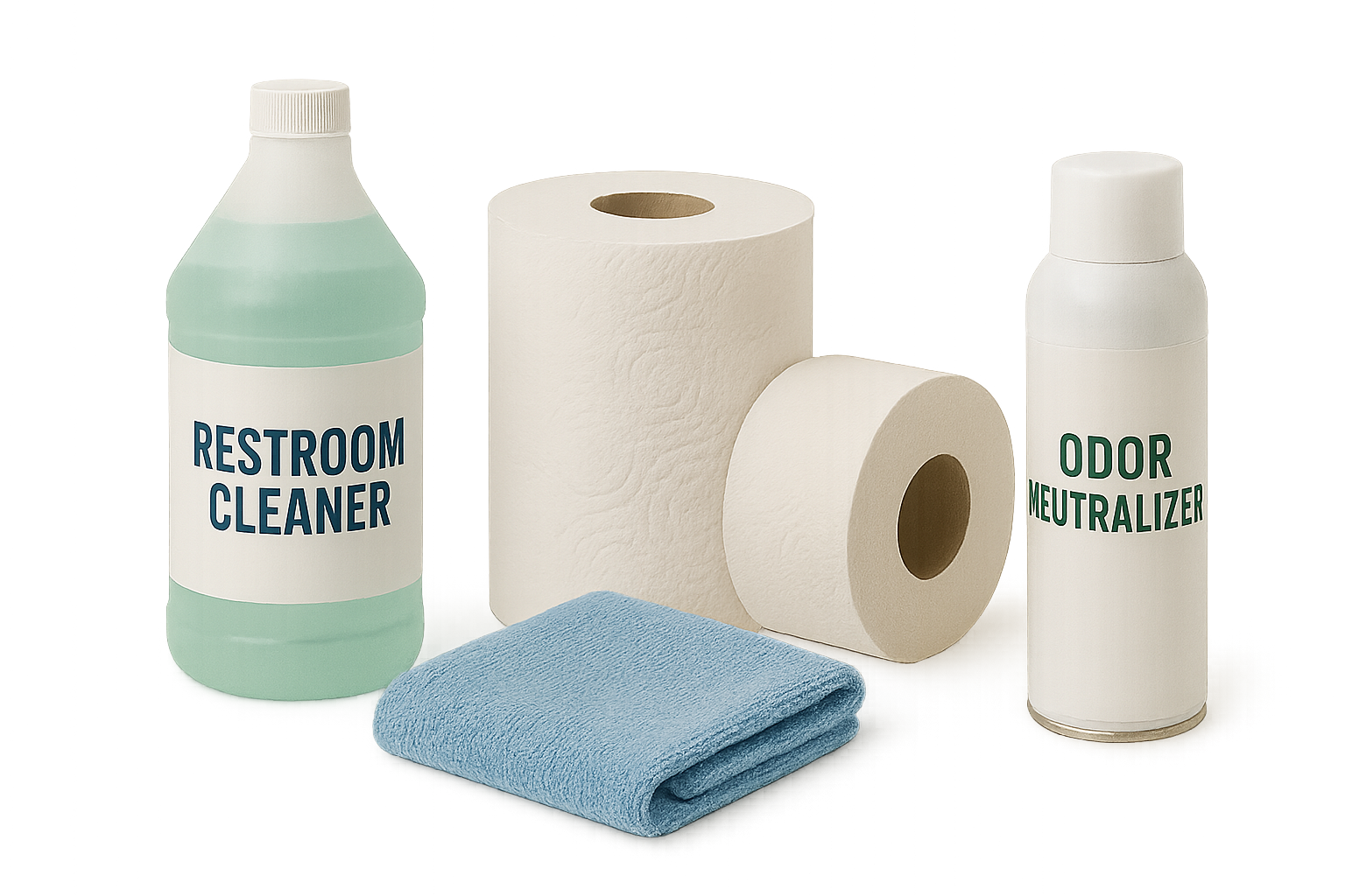 Restroom cleaning supplies and odor control