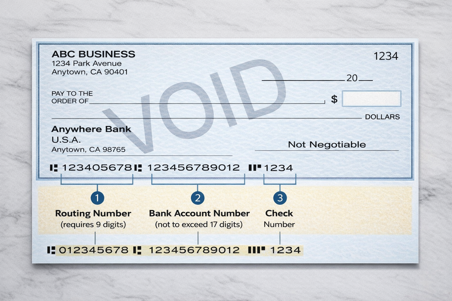 Sample voided check showing routing number, account number, and check number for ACH setup