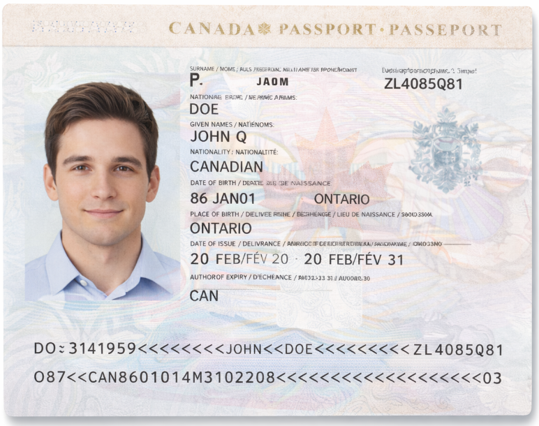 Sample international passport identification page